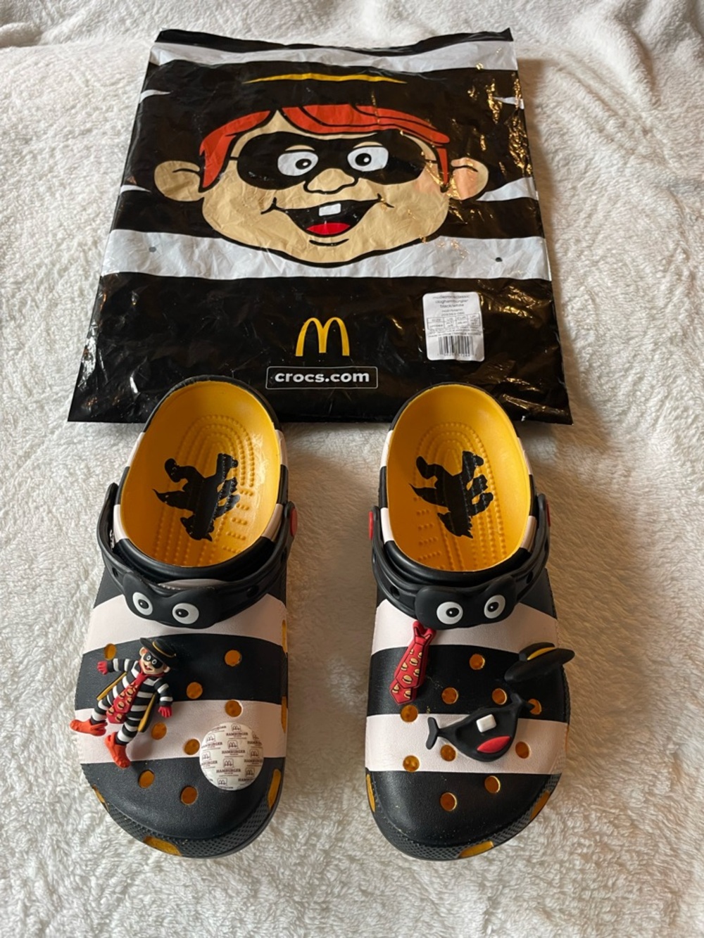 CROCS Hamburglar Black, White & Yellow Striped Character Clogs